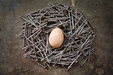 whole egg in the middle of a nest made of nails on a rusty metal background