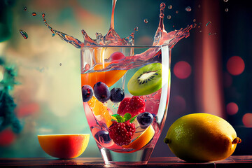 Fruits Splash in a Glass, Sliced Fruit Mix, AI Generated