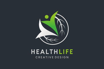 Green eco icon logo design, wellness life, human leaf in abstract style