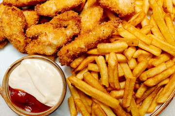 French fries with breaded meat and sauce