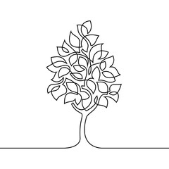 Abstract tree in continuous line art drawing style. Decorative tree with leaves black linear design isolated on white background. Vector illustration