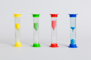 hourglass on the table, sand clock as time passing concept for business deadline, copy space