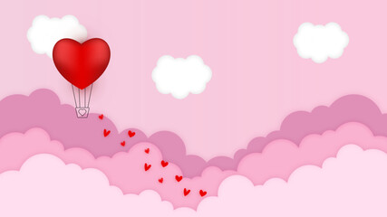 Fototapeta na wymiar Vector love postcard for Valentine's Day with the heart balloon paper clouds and pink background