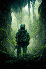 Fototapeta premium Soldier Walking in Jungle - Generative AI