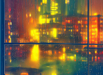 Rainy window with night city in warm lights generative ai illustration