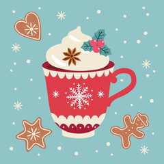 Christmas card template with cup of hot chocolate and gingerbread cookies. Vector illustration. Retro style