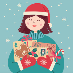 Christmas card with vector illustration. Happy girl. Retro style