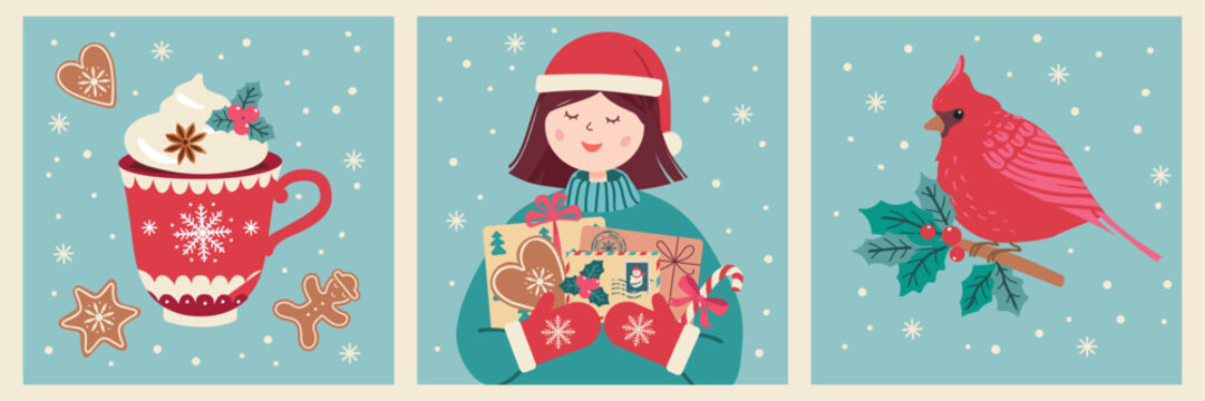 Christmas cards. collection 
Cute vector illustrations with  traditional symbols. Vector design templates.