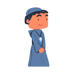 Man Priest or Monk from Middle Ages Wearing Hooded Gown with Cross Vector Illustration