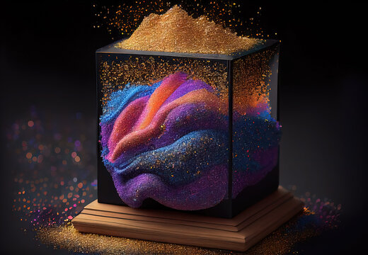 Composizione astratta creata all'interno di un cubo cavo, riempito di sabbia cinetica multicolore. Consigliato l'utilizzo come sfondo per smartphone o computer desktop.