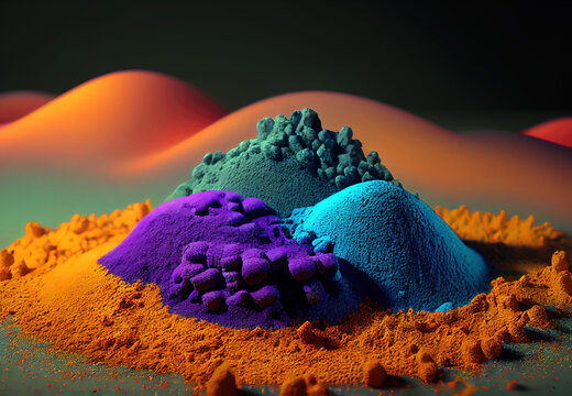 Tre colline di sabbia cinetica colorata con dune desertiche. Composizione astratta. Illustrazione digitale. Consigliato l'utilizzo come sfondo per smartphone o computer desktop.