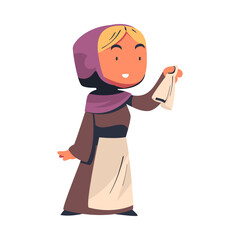 Young Female Peasant from Middle Ages Wearing Long Dress with Apron Vector Illustration