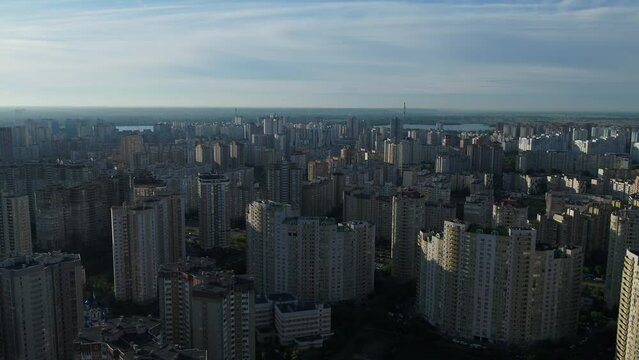 Osokorky district. Dawn. Modern building. High buildings. Dense buildings.Aerial. Ukraine. Kyiv.