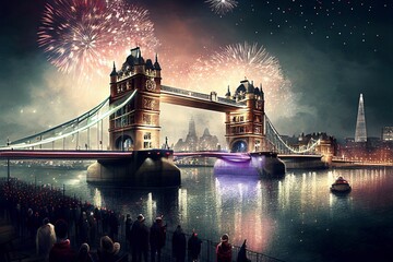 2023 New year celebrations, fireworks, globe, cities and champagne - Generated AI