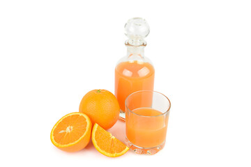 Orange juice in glass and bottle isolated on white background.