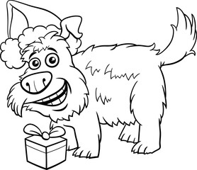 comic dog with gift on Christmas time coloring page