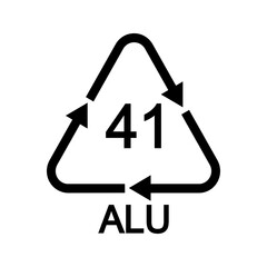 ALU 41 recycling sign in triangular shape with arrows. Aluminium reusable icon isolated on white background. Environmental protection concept