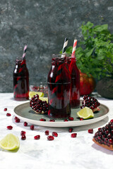 Fresh pomegranate juice. Detox drink. Top view with copy space.