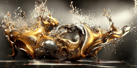 Gold and silver mixed in liquid form, hot metal of gold and silver color, combination of two hot metals with splashes and bubbles. Ai generative luxury illustration