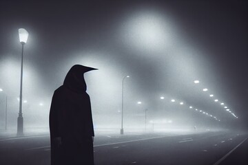 Mysterious man alone slowly walking under white street lights in night. Dark time. Сharming atmosphere in mist. Foggy air. Being alone. Night crime. Generative AI