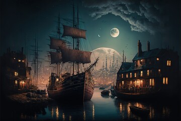 A ship with sails moored in the night port under the moon. Illustration of a far-faring sea ship, for the transport of goods, a stop in the night port of the old city. Ai generative illustration - obrazy, fototapety, plakaty