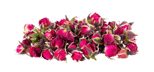 Heap of dry tea roses buds isolated on white background. Rose flower tea. Phnom Penh rose tea....
