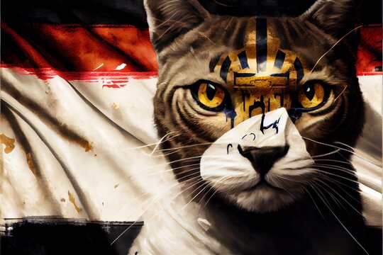  a cat with a cross painted on its face next to a flag of germany and a cross on its forehead. Generative AI