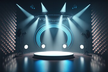 Stage - podium with light projectors for presentation product, template show scene with podium. Stage in show with floodlight. Show area. Template. Generative AI