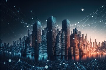 3D illustration of a big city with glowing lines. Smart city illustration. IoT concept and full coverage of the city. Smart city connection technology. Generative AI