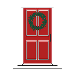 Decorated front door vector Illustration. Christmas wreath on the door.