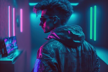 Handsome young cyberpunk man in the dark. A guy in a leather jacket with a hood and glasses in the scenery of the future neon color. VR. Augmented reality cyberspace, futuristic vision. Generative AI