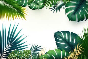 Fototapeta na wymiar Exotic tropical natural green leaves illustration composition on white background. Exotic pattern with tropical leaves. Generative AI