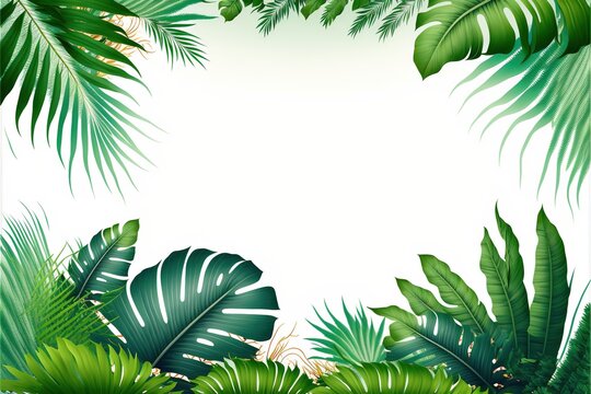 Exotic tropical natural green leaves illustration composition on white background. Exotic pattern with tropical leaves. Generative AI	
