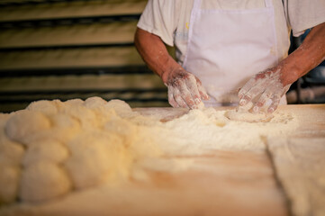 Hombre trabajando con masa y harina de trigo en una panaderia artesanal. Hombre Latino en una...