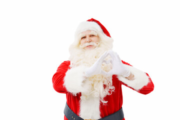 Santa Claus folded a heart from his hands on a white background Christmas.
