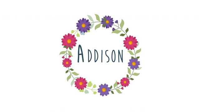 Addison girls name motion animation concept.woman name with floral wreath