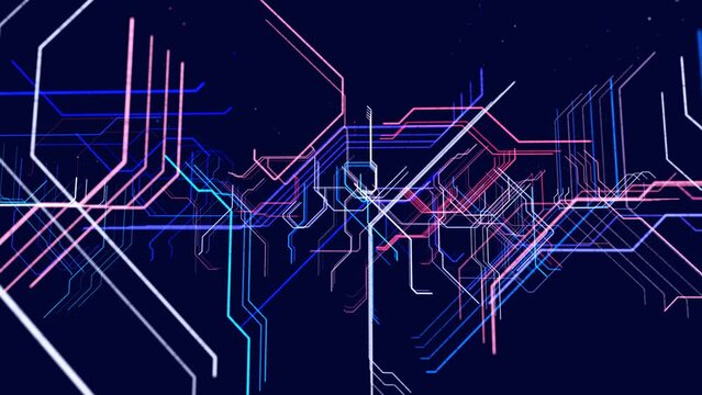 Lines form hologram information blocks, ai construction light grid, info concept lines and nodes. Big data fields. Hi-tech info technology. vj loop abstract background sci fi theme