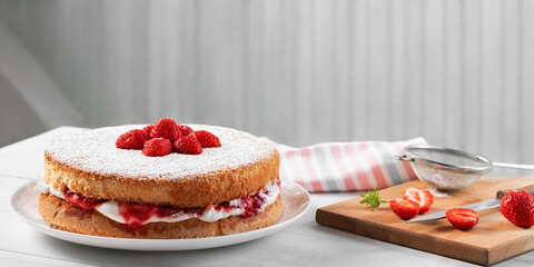Two-layer Victoria cake with whipped cream, strawberry jam and fresh berries