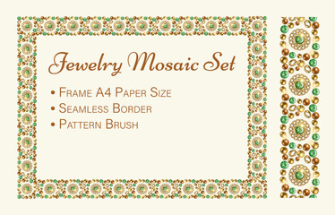 Jewelry set with rectangular mosaic frame, seamless border, pattern brush. Gold, bronze elements, green gems Can be used for poster, invitation, greeting card, menu etc Vintage style, white bakcground