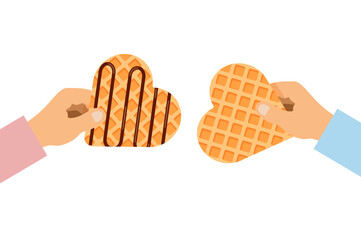Viennese or belgian waffles with chocolate cream. Hands hold and exchange heart shaped waffle. Vector illustration in trendy flat style isolated on white background.