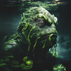 Scary swamp creature in murky lagoon water covered with algae. Underwater monster created with generative AI software.  - obrazy, fototapety, plakaty