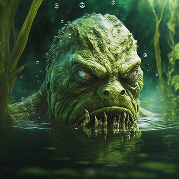 Scary swamp creature in murky lagoon water covered with algae. Underwater monster created with generative AI software. 