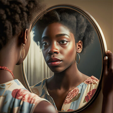 Young African American woman with black hair looking at herself in a mirror. Created with generative AI software. 