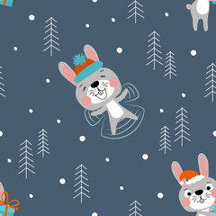 Endless winter pattern with cute rabbits. The symbol of 2023. Hand-drawn characters for textiles, packaging, paper. Seamless vector background. Seamless Repeat Pattern. Cartoon doodles.
