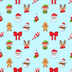 New Year, Christmas, holiday concept. Vivid vector seamless pattern of cartoon Santa Claus, snowman, elf, bow, sock, ginger man. Suitable for web sites, wrapping, postcards