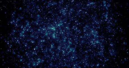 Abstract background of blue glowing shiny digital flying dots of particles that look like stars in a galaxy in space. Screensaver beautiful