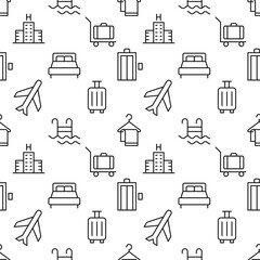Pattern of airplane, hotel, luggage, elevator, pool, bed made of various line icons. Perfect for web sites, wrapping, printing on different covers