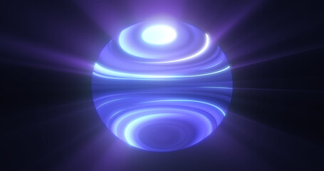 Blue glowing planet star in space glows with bright rays of the sun magical energy lines, shiny circle ball sphere. Abstract background
