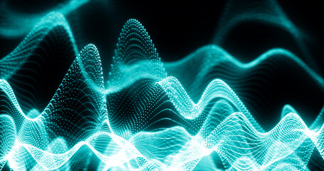 Abstract background of blue futuristic glowing waves from particles of points and lines of energy and magic on a black background