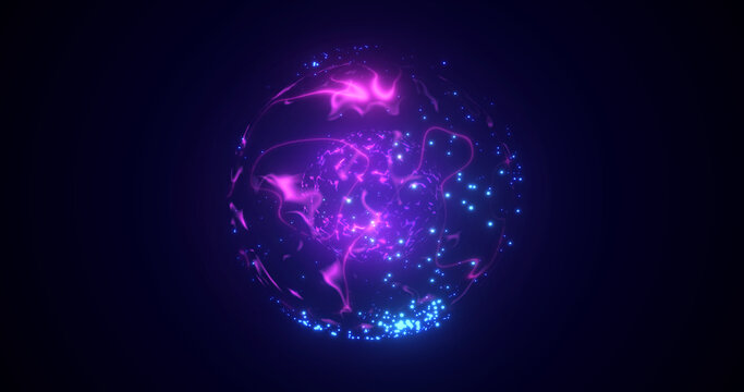 A round purple planet with a molten core in the center in space, a star sphere with an energy magical glowing field of plasma. Abstract background